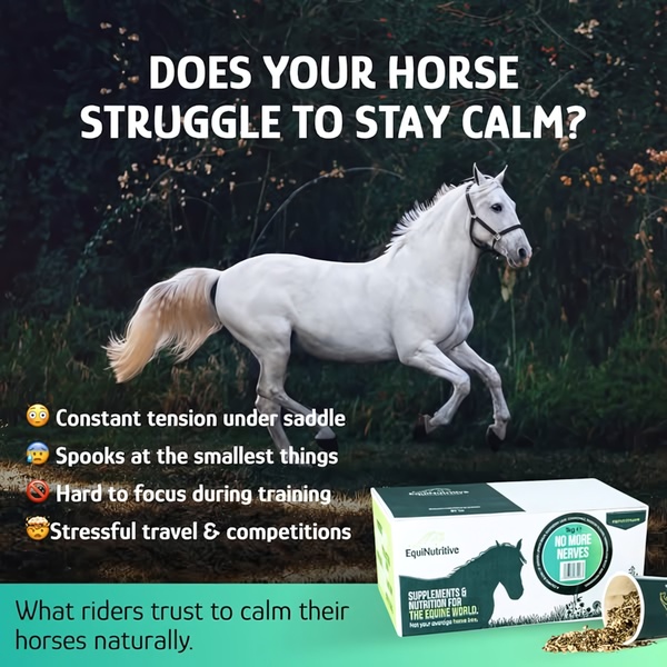 This ad creative utilizes a direct problem-agitation-solution structure to address common equine behavioral issues, pairing product packaging with relatable pain points.